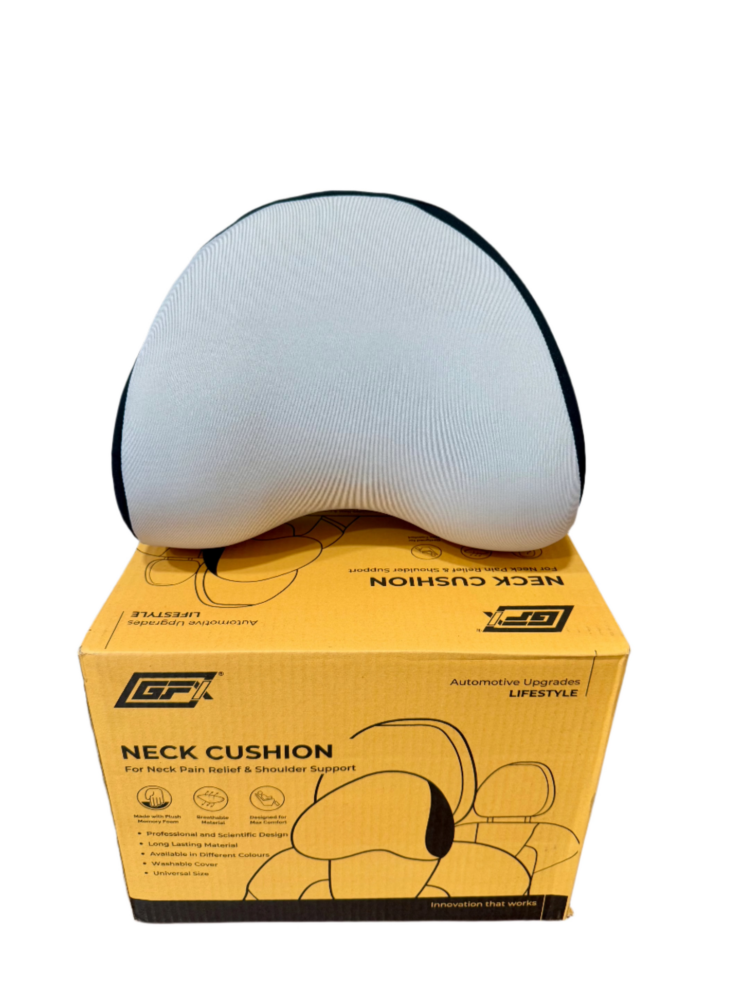 Introducing the GFX Dazzling Neck Cushion in Grey Black, a set of two memory foam accessories. Ideal for automotive and everyday lifestyle comfort, they provide neck pain relief and ergonomic shoulder support, all showcased on vibrant yellow packaging with celebratory illustrations.