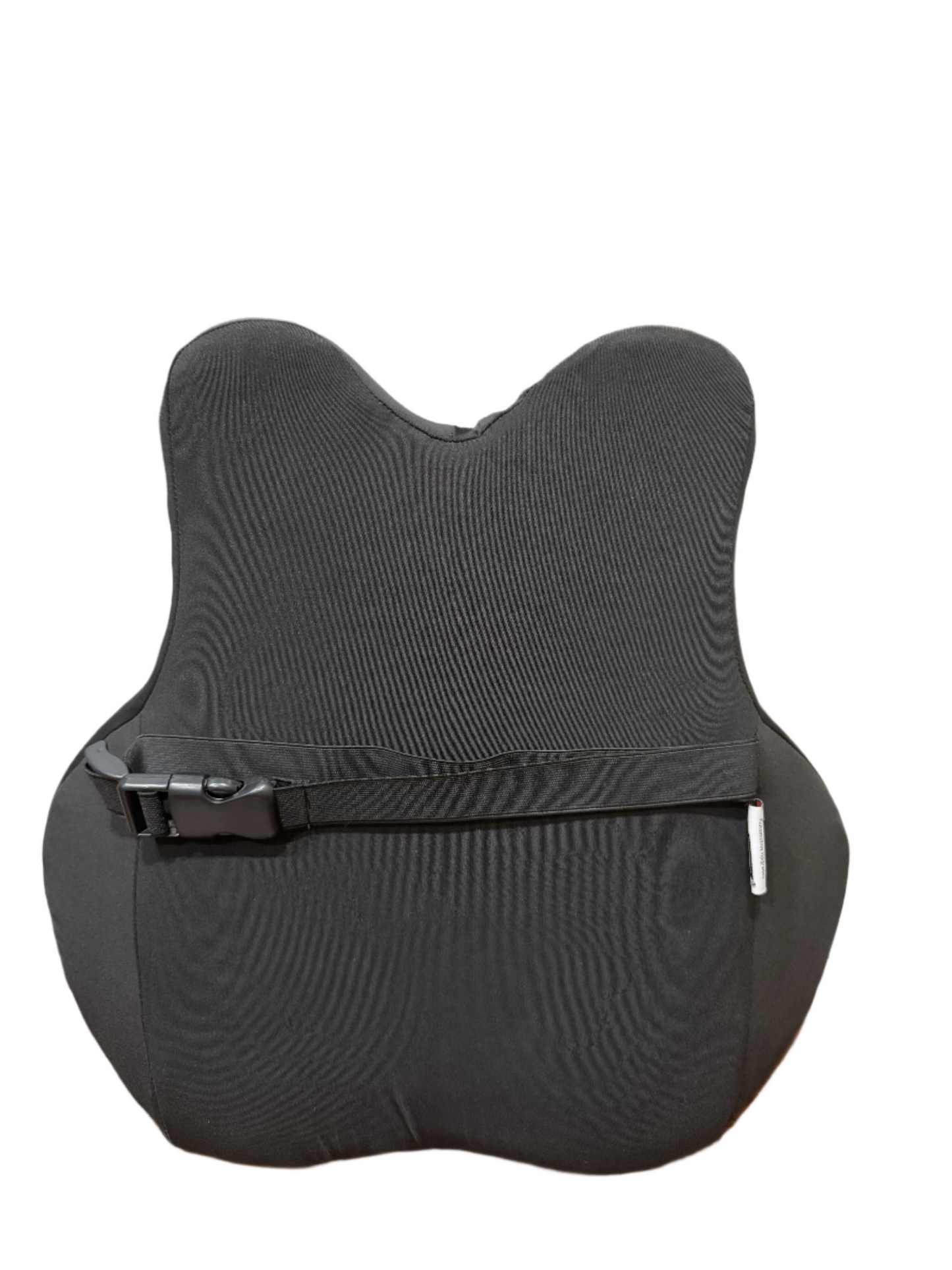 The GFX Relaxing Back Cushion - Grey Black by GFX is a memory foam ergonomic lumbar support cushion with contoured edges and an adjustable front strap for optimal comfort and secure chair attachment.