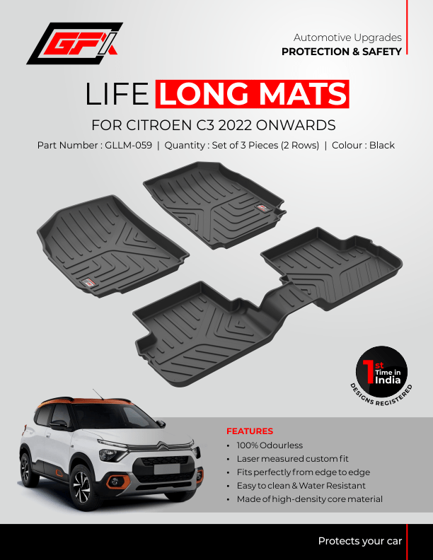 A promotional poster for the Citroën C3 GFX Life Long Car Floor Mat by GFX features three black custom-fit mats, a white Citroën C3 (2022 onwards), key features, and branding on a grey background.