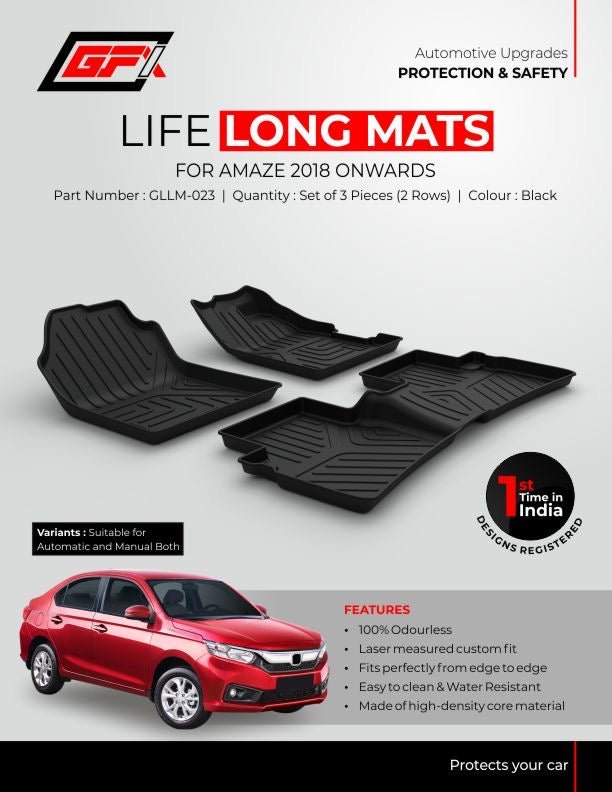 TurboCars Honda Amaze 2018 GFX Life Long Car Floor Mat promo poster displays three black mats and a red sedan. Features: all-weather, laser-measured custom fit, water resistant, 100% odorless—for Amaze 2018 onwards.
