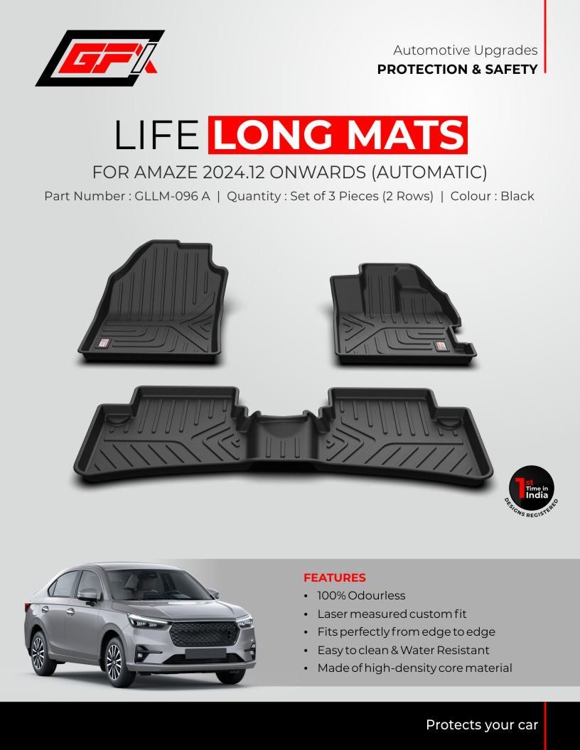Three black GFX Life Long Car Floor Mats for the Honda Amaze (Dec 2024 Onwards) Automatic are shown above a silver sedan. Odorless, water-resistant, and custom-fit, the mats’ features appear in a red text box.