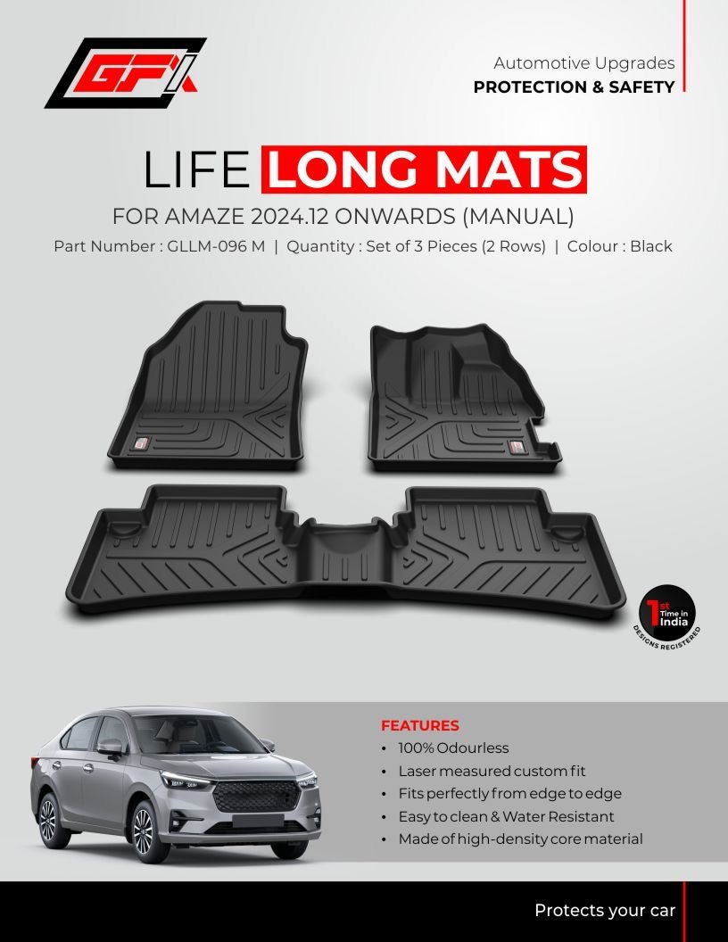 Three TurboCars GFX Life Long Car Floor Mats for Honda Amaze (Manual, Dec 2024 Onwards) in black are shown above a silver car. They are odourless, waterproof, custom-fit, and made from high-density core material.