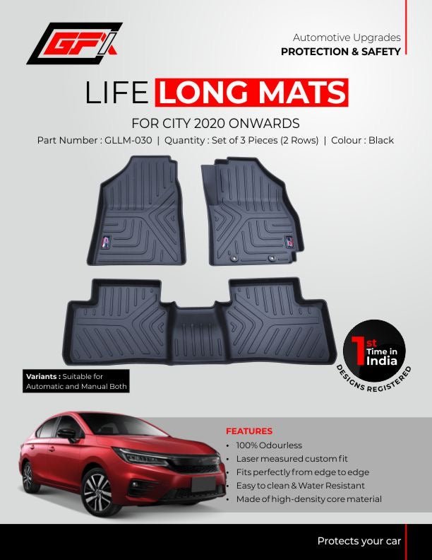 Promotional flyer features three GFX Life Long Car Floor Mats for Honda City 2020 Onwards, highlighting odourless, custom-fit, water-resistant mats from GFX with a red car image and “1st time in India” badge.