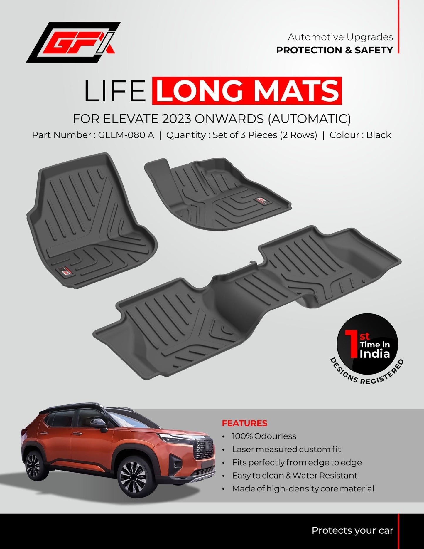 Promotional image for GFX Life Long Car Floor Mat for Honda Elevate (Automatic) 2023 Onwards by GFX, showing three black custom-fit mats and a red car. Features: odourless material, laser fit, waterproof, and easy to clean.