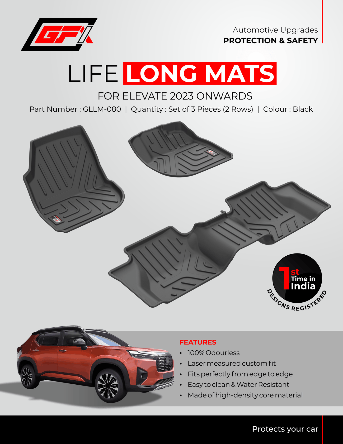 Advertisement for GFX Life Long Car Floor Mat for Honda Elevate (Manual) 2023 onwards. Shown in black with a red SUV, these odorless, laser-fit, waterproof mats boast a durable 5-layer core and are custom-designed for perfect fit.