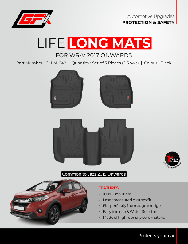 Advertisement for GFX Life Long Honda WR-V 2017 Onwards Car Floor Mat, featuring three black custom-fit mats, a red WR-V, and key features like water resistance and high-density material for lasting protection.
