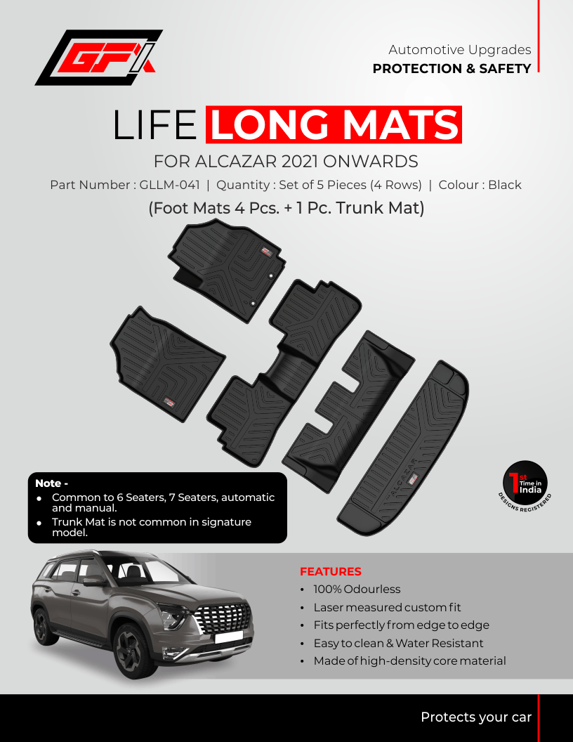 Protect your Hyundai Alcazar (2021-2023) with GFX Life Long Car Floor Mat & Trunk Mat set. Five black, custom-fit, durable, 100% odorless & waterproof mats for ultimate interior care. Plus LONG MATS* highlighted in red—includes stylish grey SUV visual.