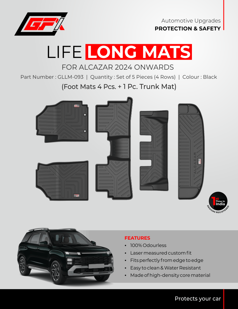 Promotional image for GFX Hyundai Alcazar 2024 Onwards Life Long Car Floor Mat with GFX Trunk Mat by GFX. Includes 4 odourless, laser-fit, water-resistant foot mats and 1 trunk mat. Image also shows a black SUV and five black mats. Easy to clean.