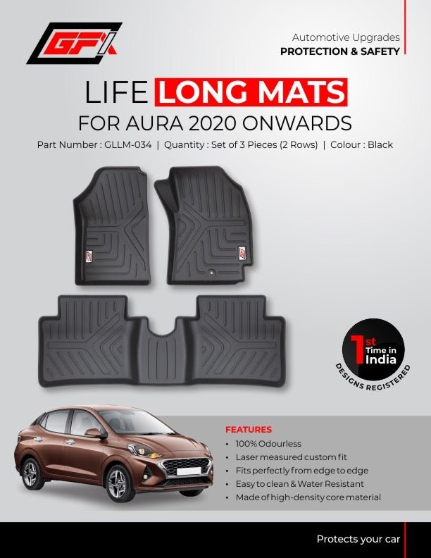 The image displays GFX Hyundai Aura 2020 Onwards Life Long black floor mats above a brown car, with the waterproof mats’ features and specifications listed on the right.