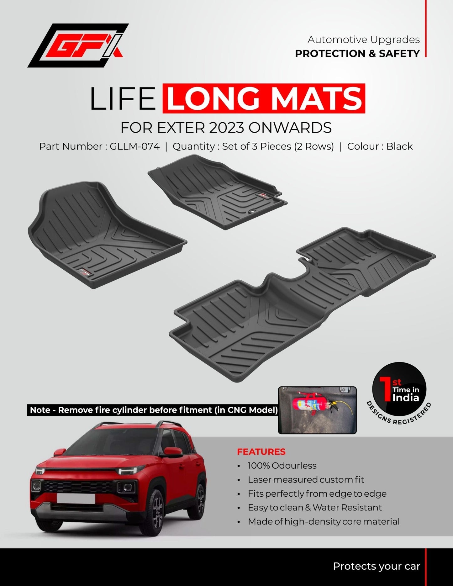 Promotional image for GFX Life Long Car Floor Mat for Hyundai Exter 2023 onwards, featuring three black mats, a red Exter, and highlights: custom fit, odorless, waterproof, high-density core—premium GFX protection.