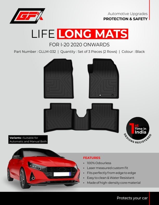 Enhance your Hyundai i-20 (2020 Onwards) with GFX Life Long Car Floor Mats. These odourless, water-resistant mats by GFX fit both automatic and manual models, offering premium protection and a stylish, clean interior.