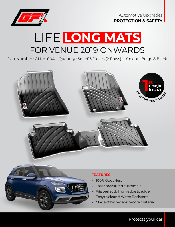 Promotional poster for GFX Hyundai Venue 2019 Onwards GFX Life Long Car Floor Mat, featuring three car mats, a blue Hyundai SUV, key features, and product details in red, black, white, and grey.