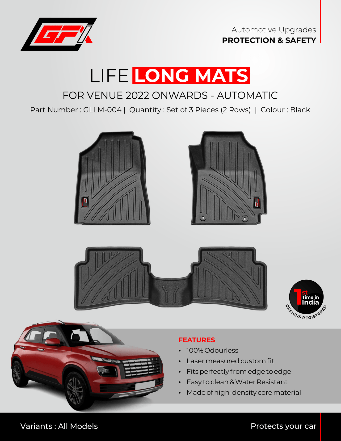 Promotional poster features the GFX Life Long Car Floor Mat for Hyundai Venue 2022 onwards (automatic), all-weather protection, a red SUV illustration, and GFX branding on a white and grey background.