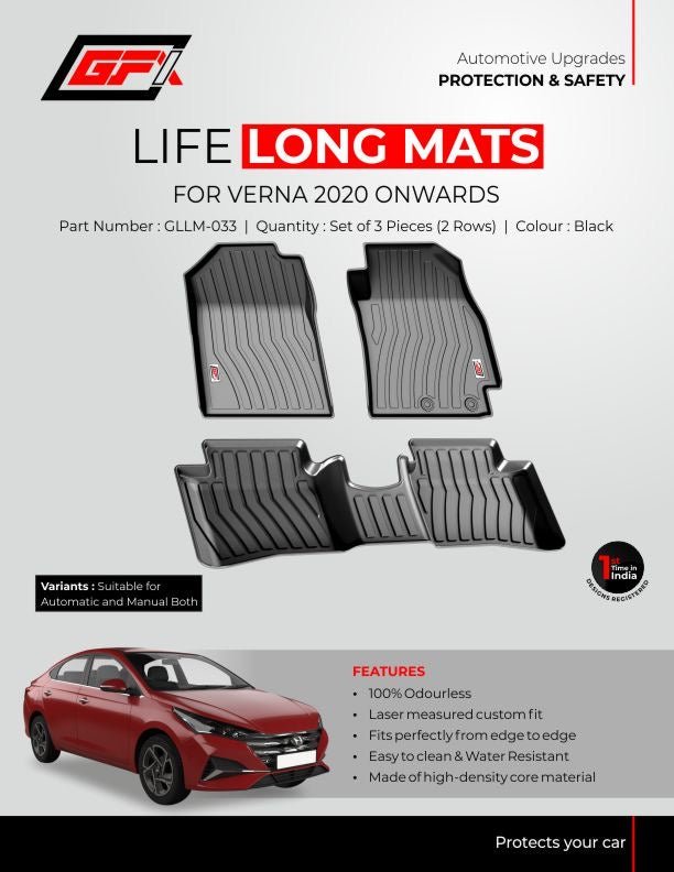 The GFX Hyundai Verna 2020-2022 Life Long Car Floor Mat ad showcases two sleek black precision-fit mats, a red Verna, and key features: custom fit, odourless material, and water resistance—ideal protection for your car.