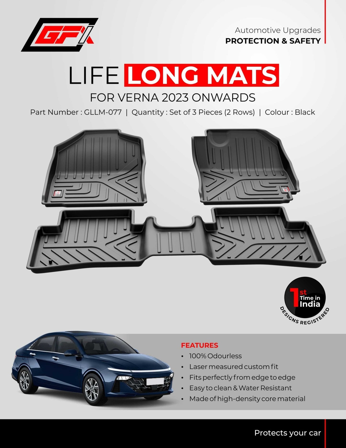 GFX Life Long Car Floor Mats, custom fit for Hyundai Verna 2023 onwards, are shown above a blue Verna. The text highlights all-weather protection, odourless and durable material, and water resistance.