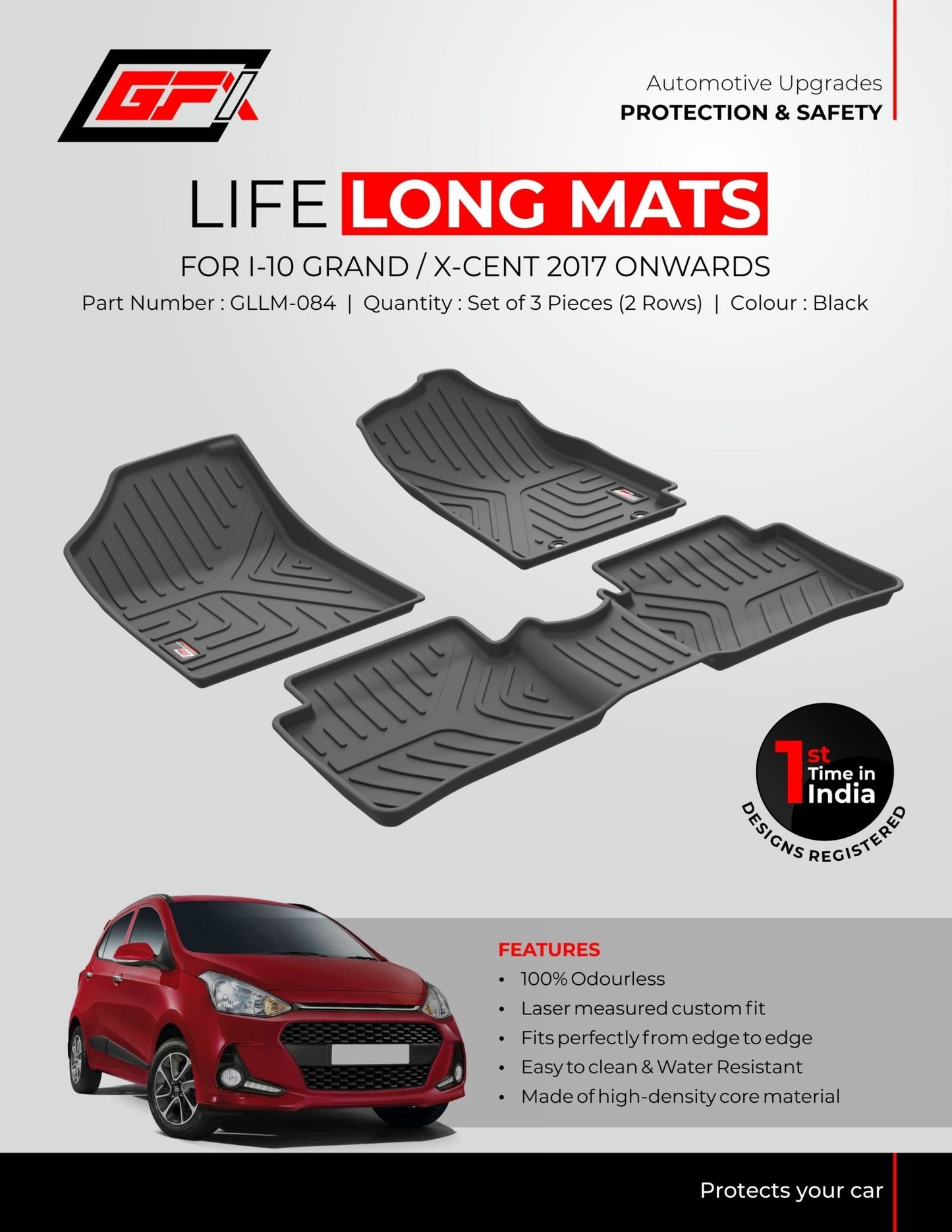 An ad for the GFX Life Long Car Floor Mat for Hyundai Xcent (2017 Onwards), showing black, odourless mats above a red car. Features include perfect fit and water resistance—ideal waterproof floor mats from GFX.