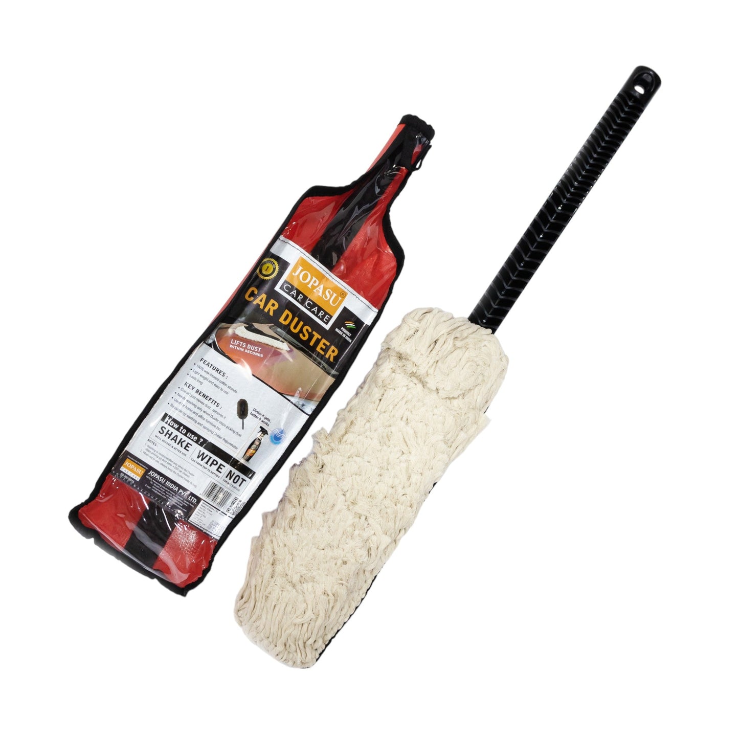A TurboCars Jopasu Car Duster—Scratch-Free with wax-treated cotton strands for effortless dust removal—is shown with its red and black Car Duster packaging. Features a black handle and white mop head.