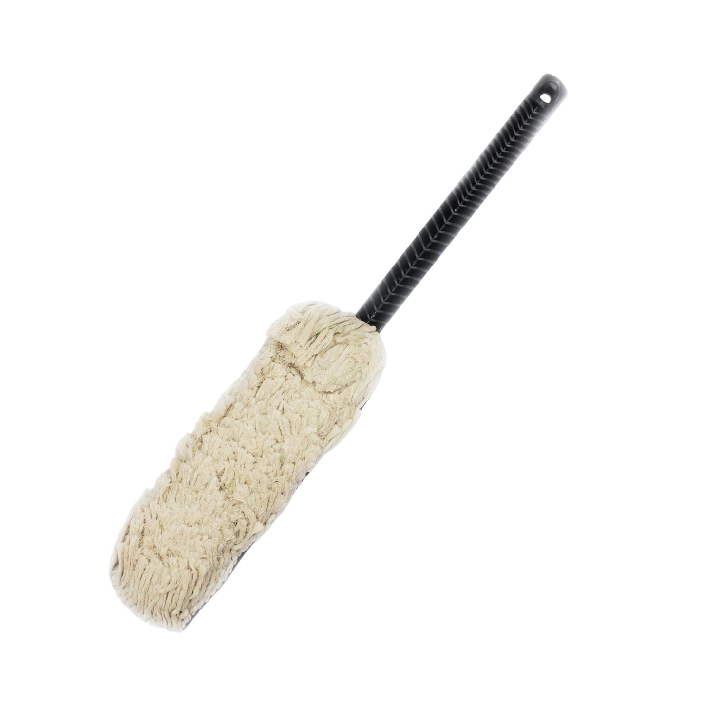 A beige TurboCars Jopasu Car Duster – Scratch-Free, with a long black handle, features wax-treated cotton strands for easy dust removal, pictured on a white background.