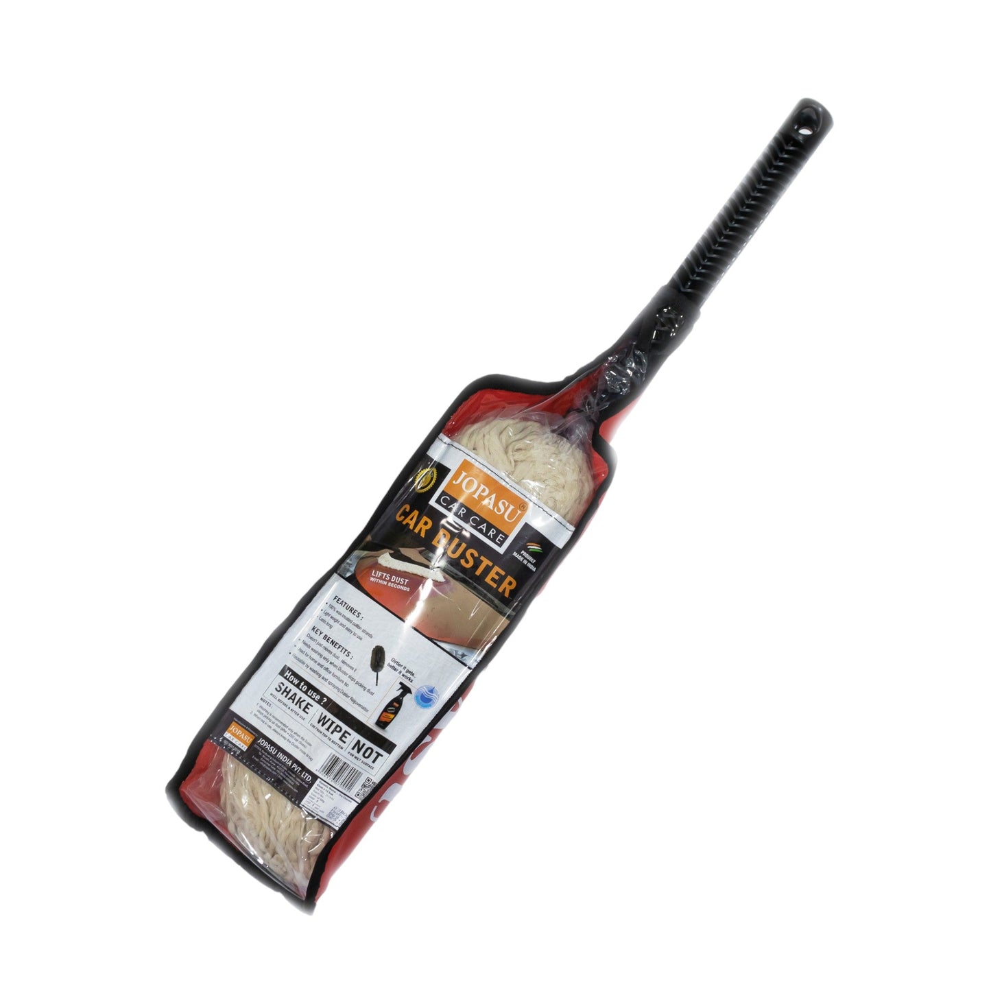 A TurboCars Jopasu Car Duster – Scratch-Free, with a long black handle and wax-treated beige cotton strands for effortless dust removal, comes in original packaging displaying product info and usage instructions.