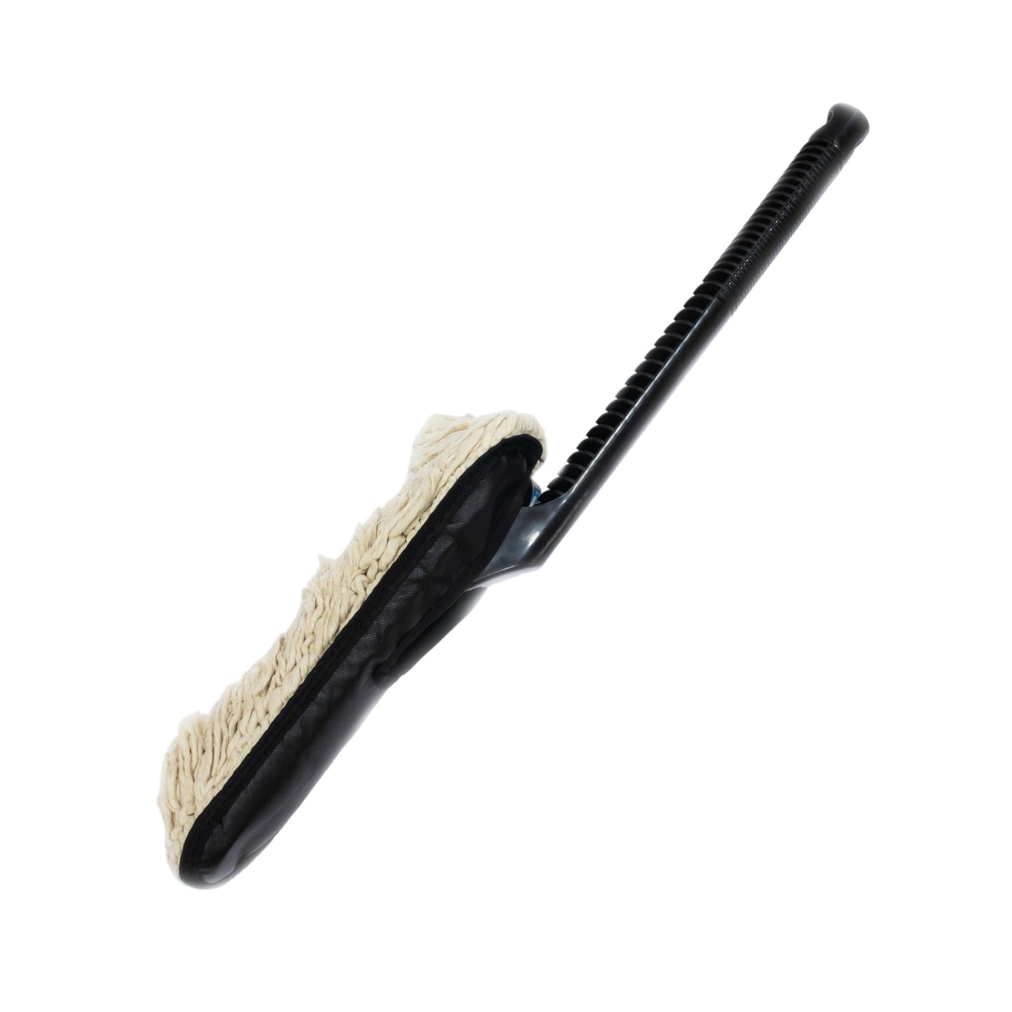 The TurboCars Jopasu Car Duster, featuring a long handle and wax-treated cotton strands for scratch-free, effortless dust removal, is shown in black with a beige cleaning pad against a white background.
