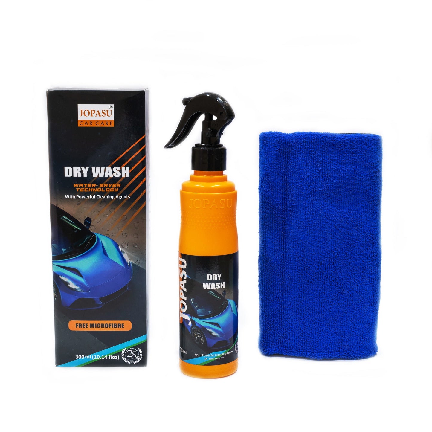 The Jopasu Drywash Shampoo 300ml car care kit includes a spray bottle, blue microfiber cloth, and a box with a blue car image—an eco-friendly, waterless solution from Jopasu for spotless cleaning.