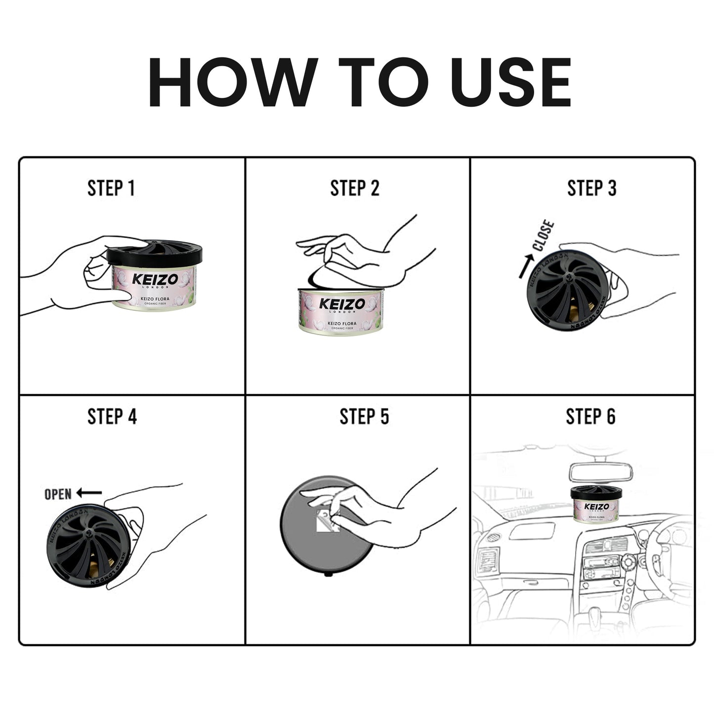 Six-step illustrated guide for using Keizo London Flora 40g Car Perfume: open lid, peel seal, close lid, adjust vent, place in car, and enjoy enduring citrus freshness from Keizo in your vehicle.
