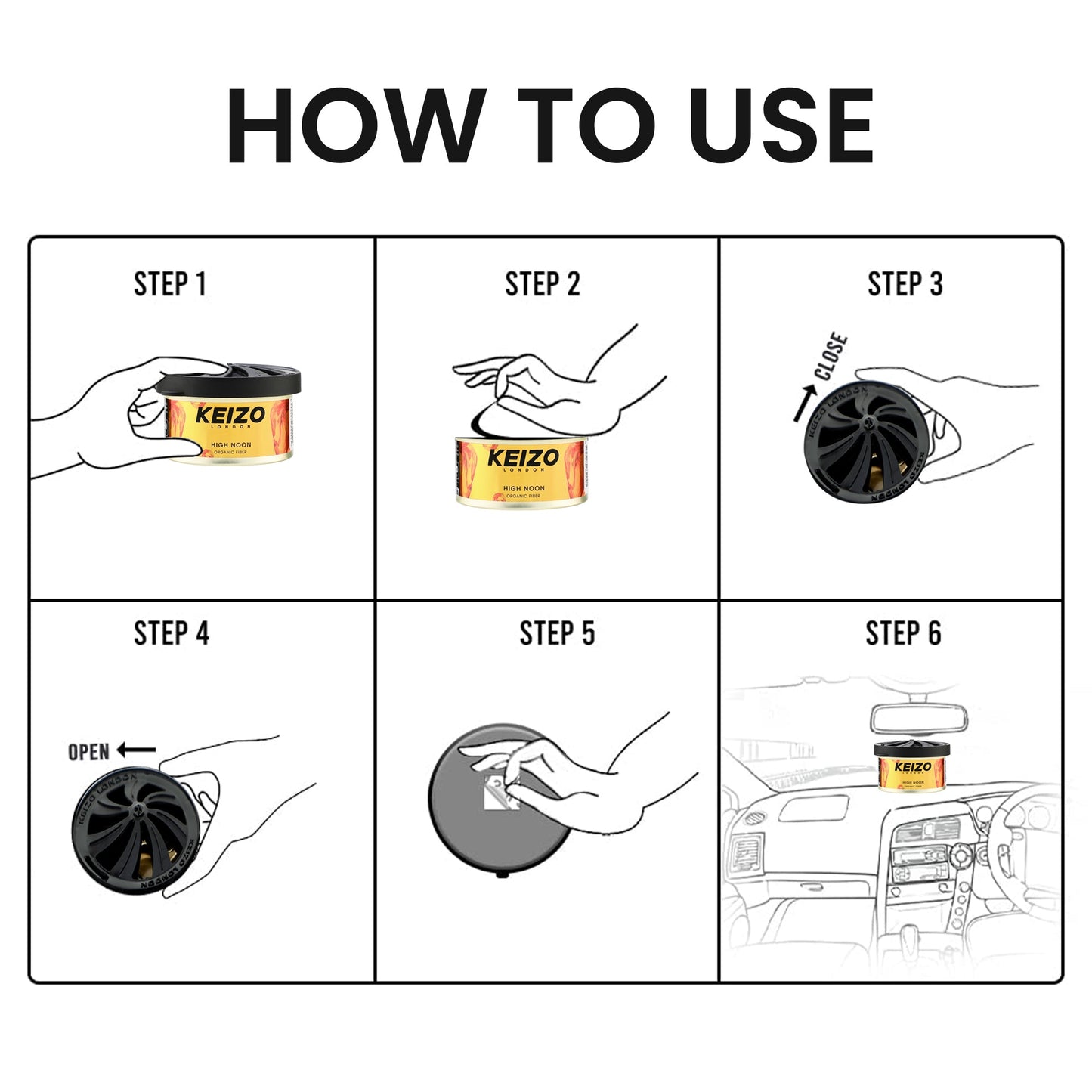 A six-step illustrated guide shows how to use Keizo London High Noon 40g Car Perfume: twist to open or close, pull the tab, and place it on your dashboard for a refreshing coffee scent while driving.