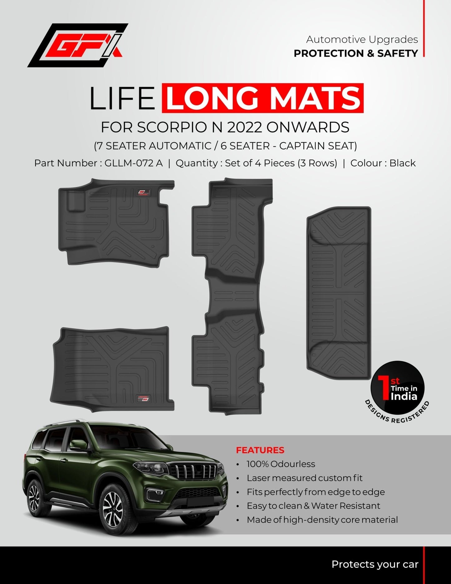 Promotional poster for GFX Life Long Car Floor Mat for Mahindra Scorpio N (Automatic, 2022+). Features four black mats, a green SUV, and highlights: 100% odorless, precision fit, easy cleaning, waterproof custom SUV mats.