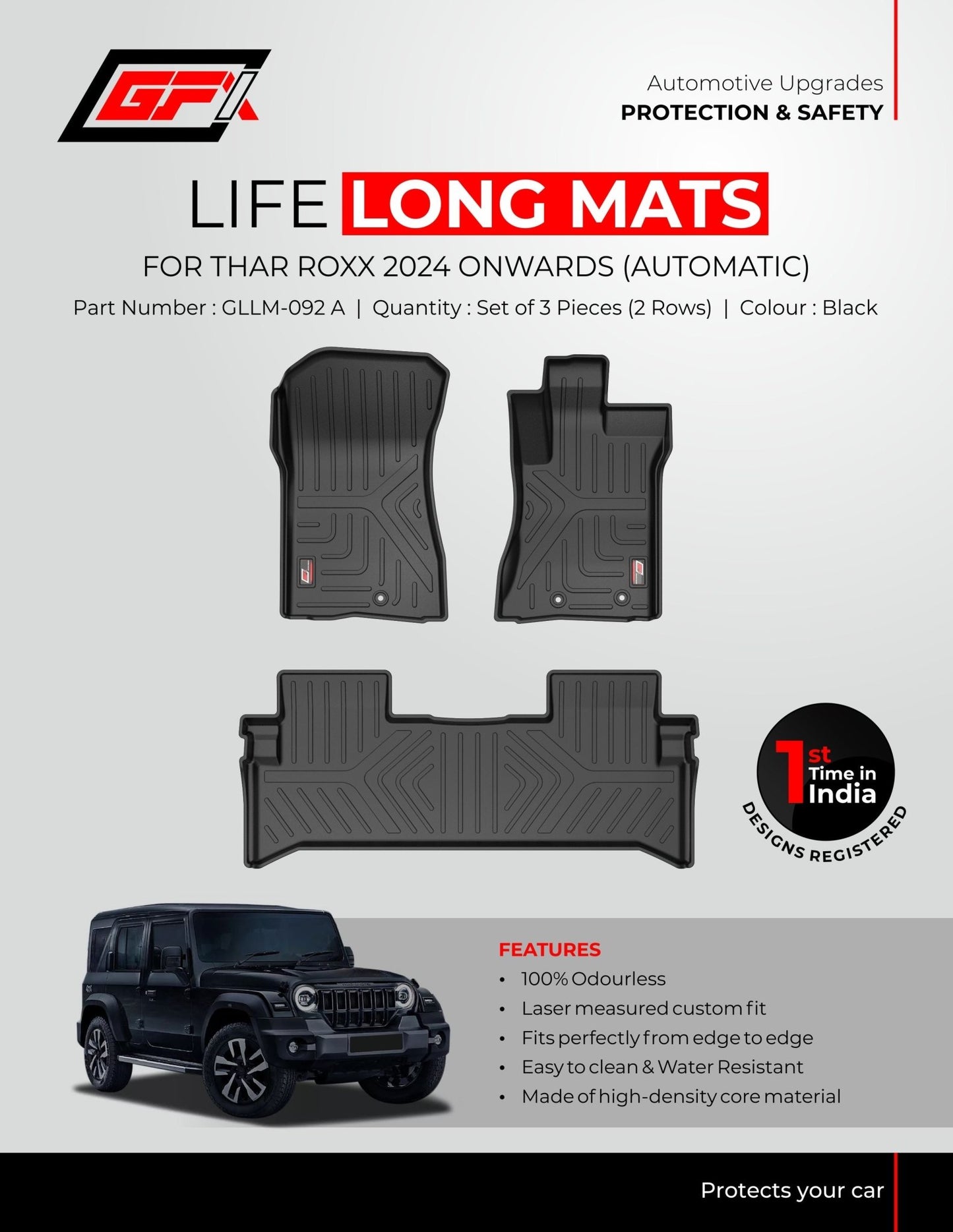 Promotional poster for the GFX Life Long Car Floor Mat for Mahindra Thar Roxx (Automatic) shows three black custom-fit mats with a black Thar, highlighting rugged durability, odourless and waterproof features, and a high-density core.