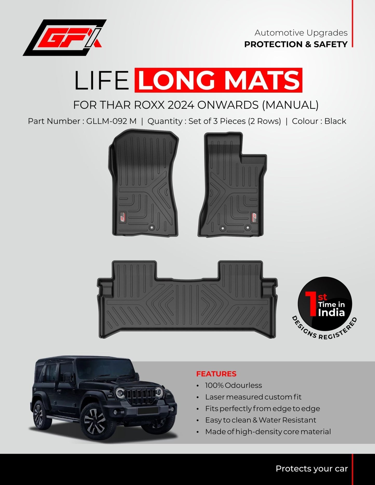 Advertisement for GFX Life Long Car Floor Mat, precision-fit for Mahindra Thar Roxx (Manual) 2024. Includes 3 black mats, a black Thar SUV image, features list, 1st Time in India badge. Mats are odorless and all-weather resistant.