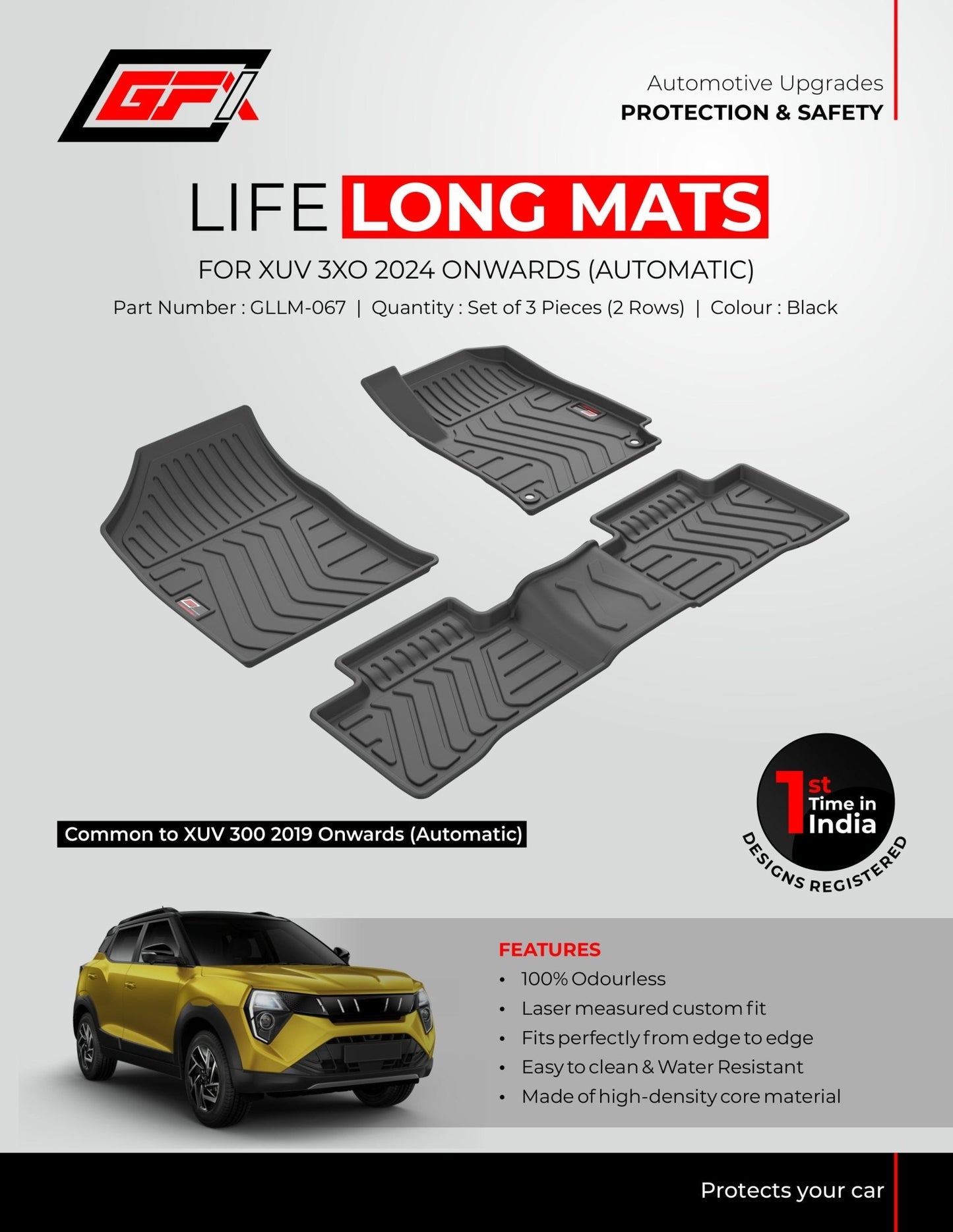 Promotional poster for GFX Mahindra XUV 3XO Life Long Car Floor Mat, showing three black custom-fit mats, a yellow SUV, and key product details on premium fit, long-lasting durability, and advanced features.