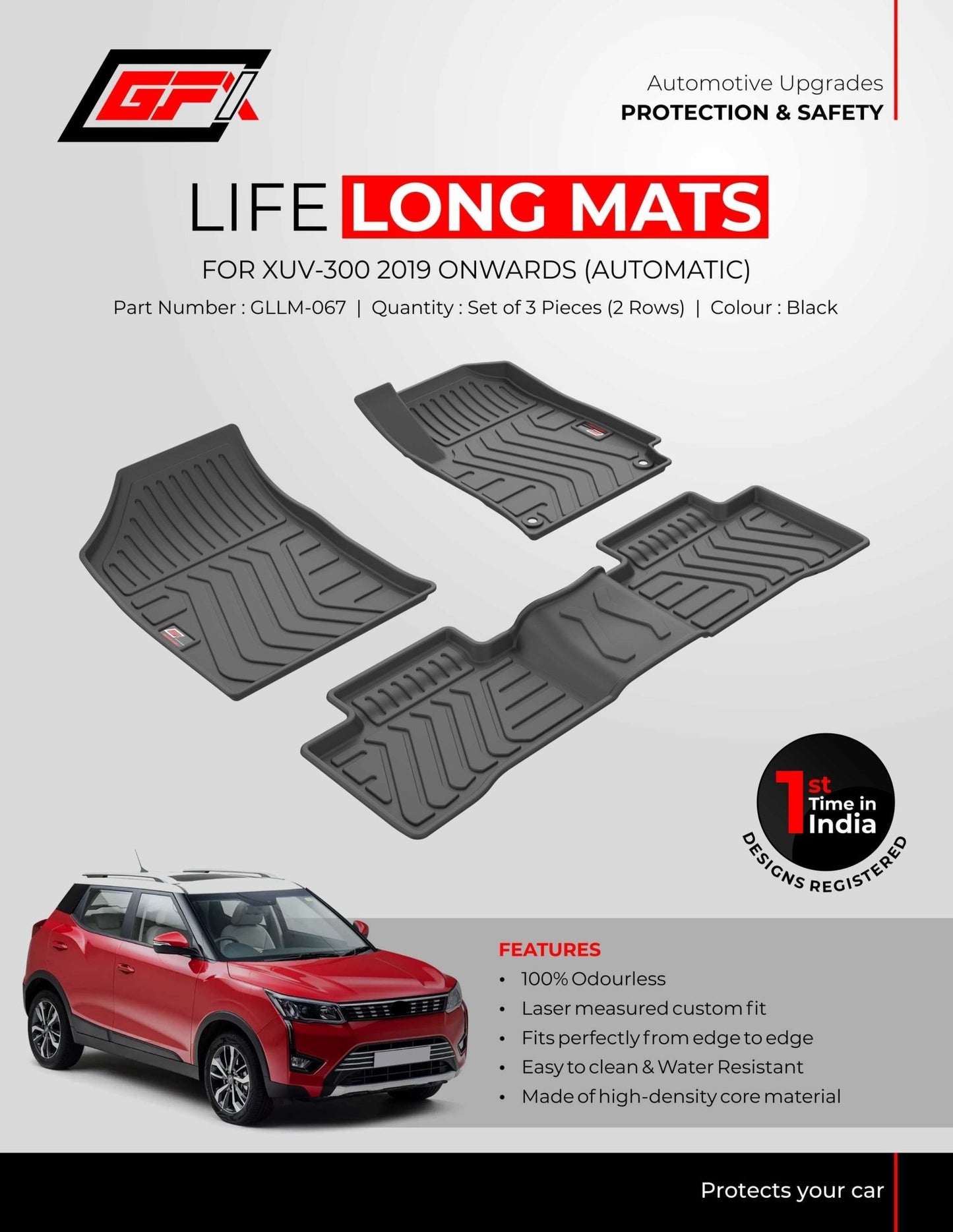 Protect your Mahindra XUV300 (Automatic, 2019+) with GFX Life Long Car Floor Mats—odourless, water-resistant, and custom fit. Shown: three black mats and a red XUV300 SUV. Brand: GFX.