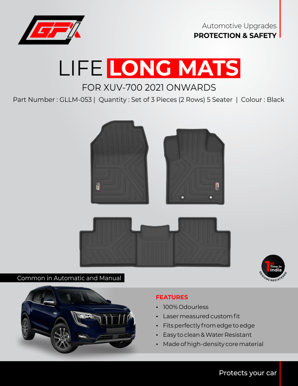 Promotional poster for GFX Life Long Car Floor Mat for Mahindra XUV700 (5 Seater) featuring black mats, a black SUV image, and key features like odorless material, water resistance, laser precision fit, and premium floor protection.