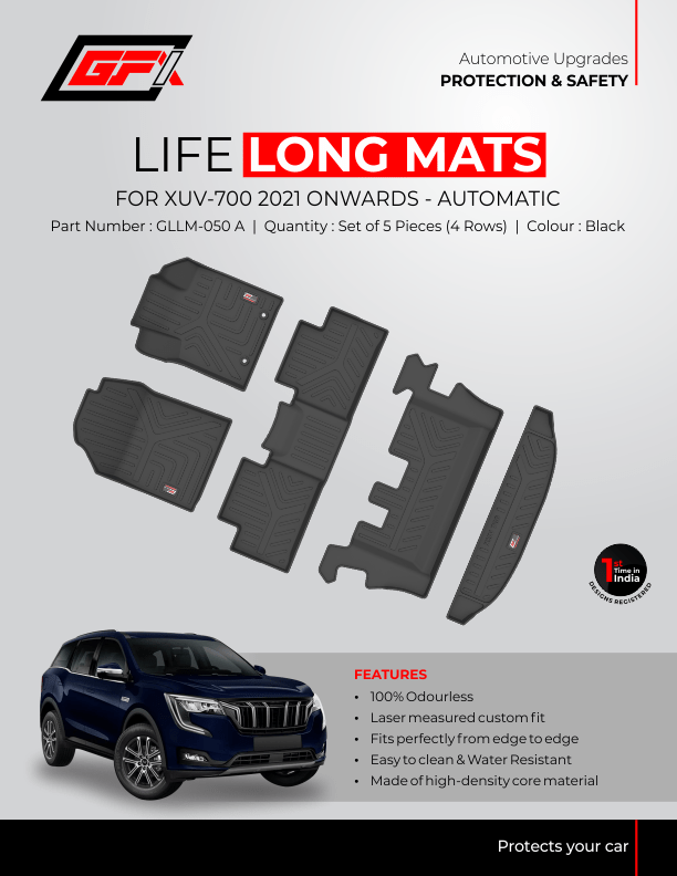 Promotional flyer for GFX Mahindra XUV700 (7 Seater Automatic) Life Long Car Floor Mat with GFX Trunk Mat, featuring black custom 4-row mats, blue XUV700 SUV, product highlights, and a “Protects your car” tagline.