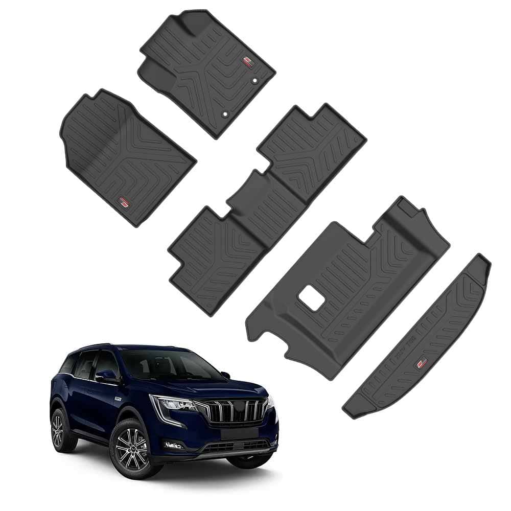 A set of GFX Life Long Car Floor Mats and a GFX Trunk Mat for the Mahindra XUV700 (6 Seater) is displayed above a dark blue SUV, offering precision fit as essential accessories by GFX for the XUV700’s interior.