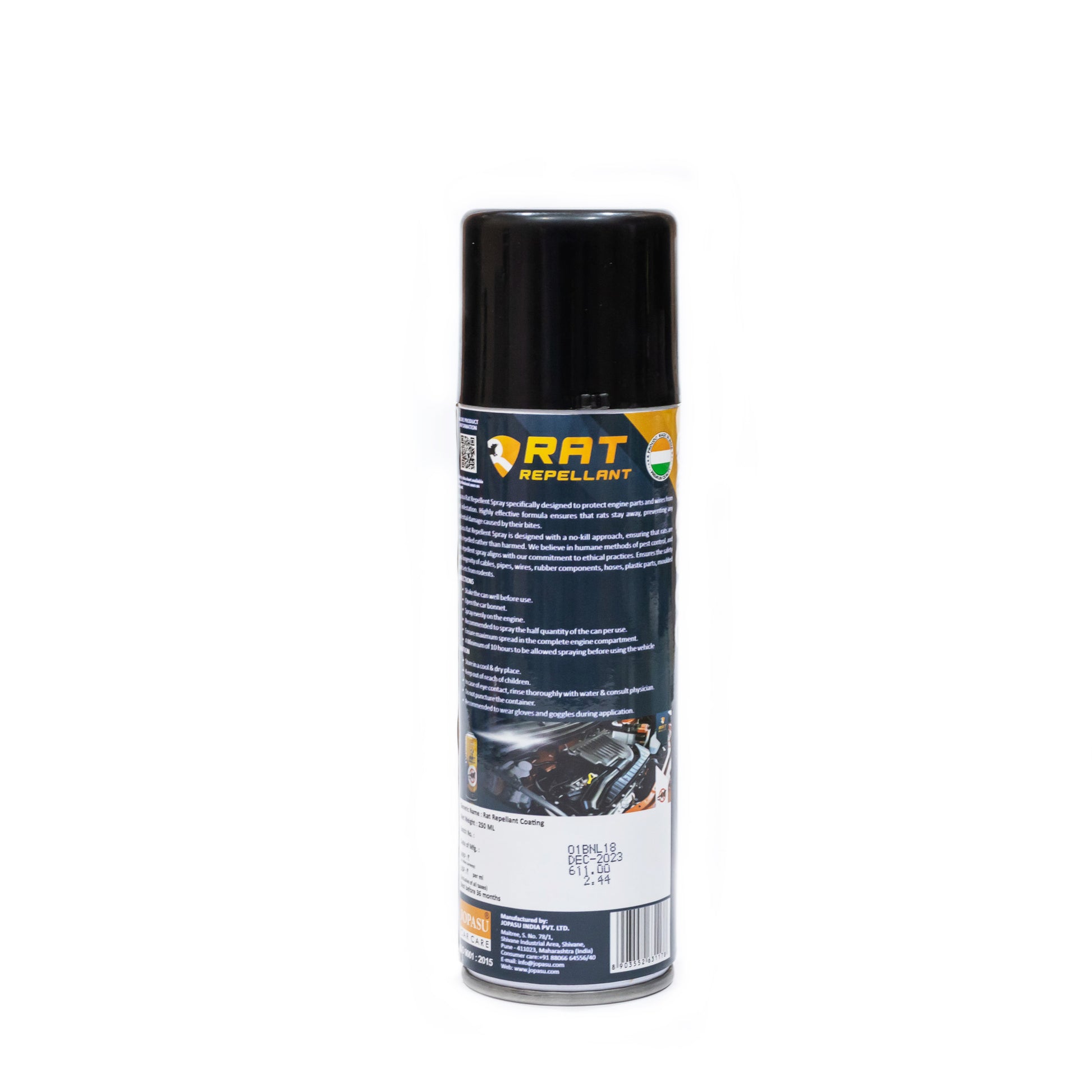 The Jopasu Rat Repellant 250ml by TurboCars features a non-toxic formula in a can with a black cap and detailed instructions. Decorated in blue and yellow, it includes a rat graphic for effective rodent protection, set against a plain white background.