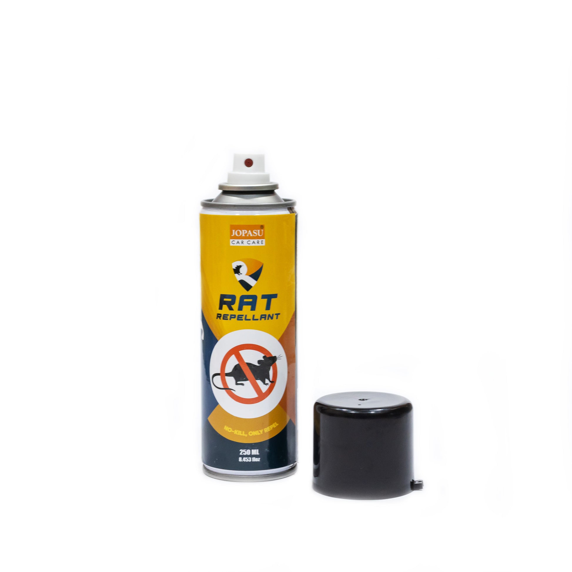 A Jopasu Rat Repellant 250ml canister from TurboCars with a black cap beside it. The yellow label has text, a rat image, and a prohibition symbol. The spray nozzle ensures easy use for effective rodent protection.