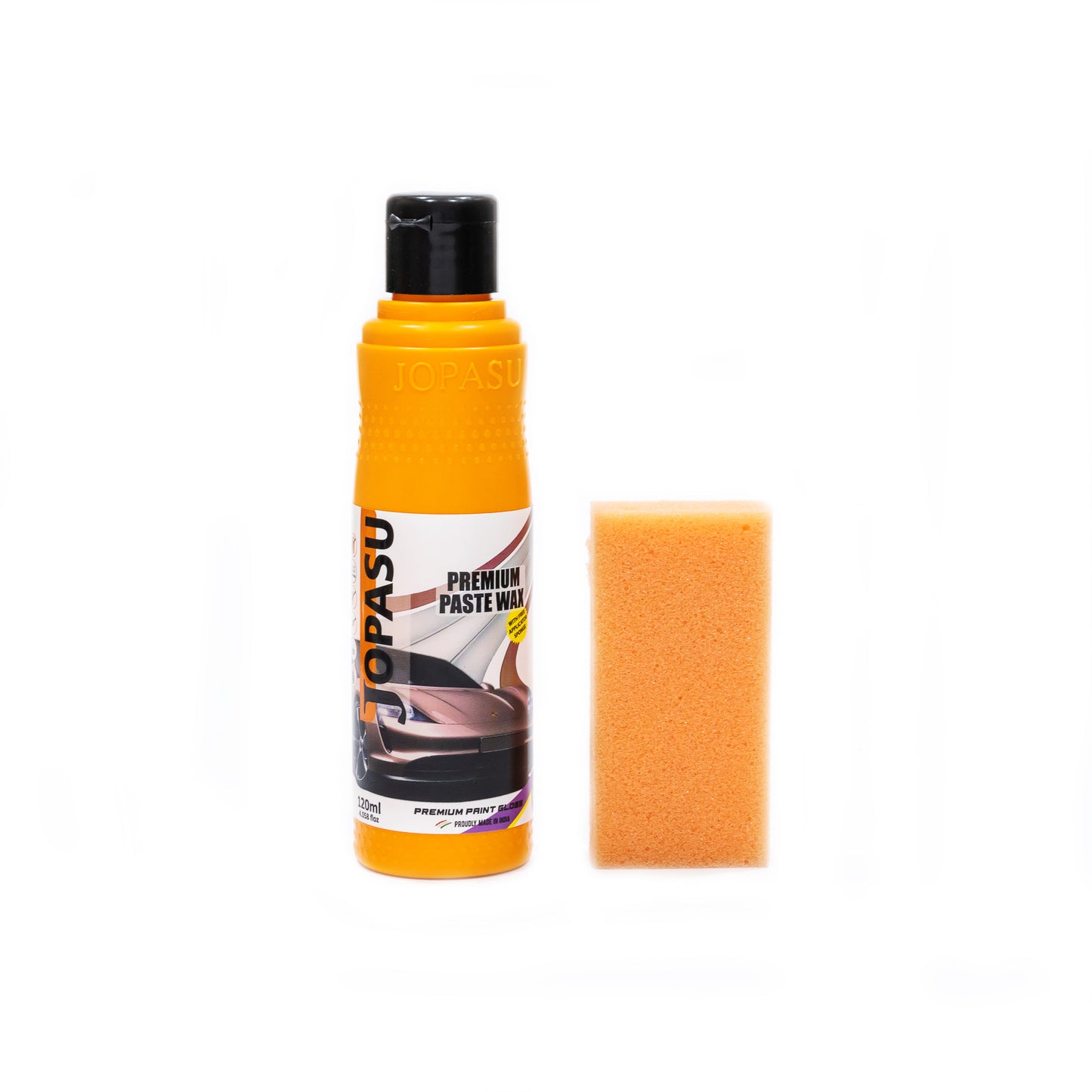 The Jopasu Premium Paste Wax 120ml by TurboCars features an orange bottle with a black cap, paired with an orange sponge. Infused with carnauba wax, it ensures a high-gloss finish and durable protection, illustrated by the car image emphasizing its polishing benefits.