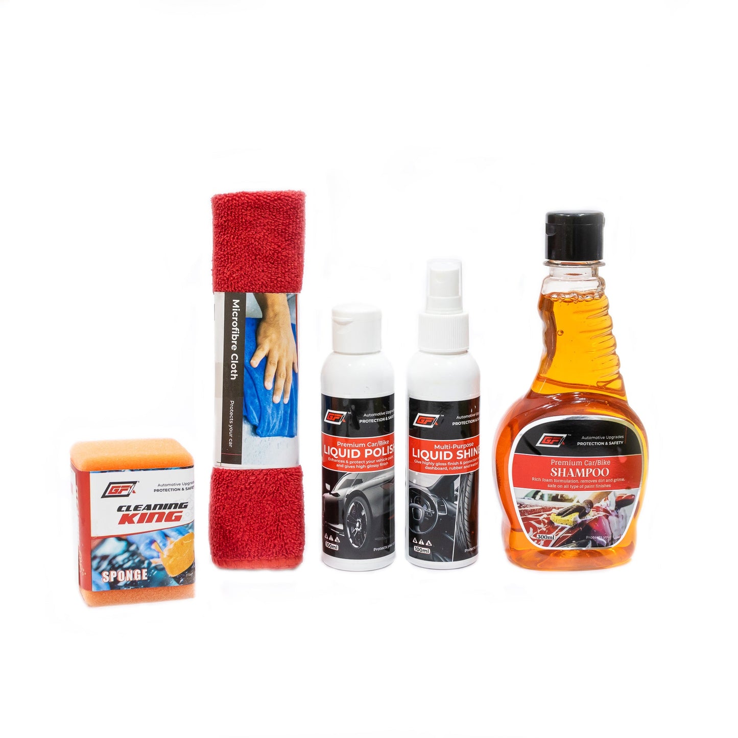 GFX Car Care Kit - 1 Shampoo, 1 Liquid Polish, 1 Liquid Shine, 1 Sponge, 1 Microfiber Cloth - TurboCars