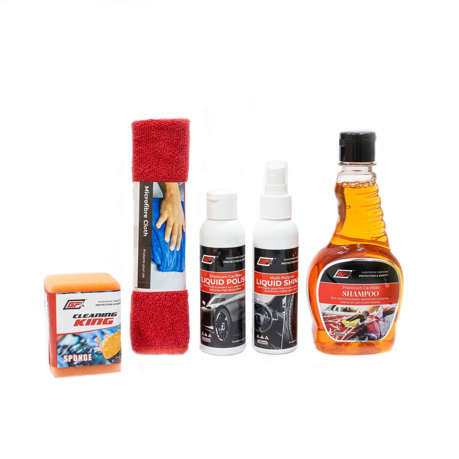 GFX Car Care Kit - 1 Shampoo, 1 Liquid Polish, 1 Liquid Shine, 1 Sponge, 1 Microfiber Cloth - TurboCars