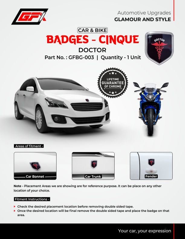 Promotional poster for the GFX Doctor Badge - Cinque by GFX, showing a car, blue motorcycle, close-up of the badge, fitment on bonnet, trunk & fender, strong adhesive backing, installation instructions, and brand info.