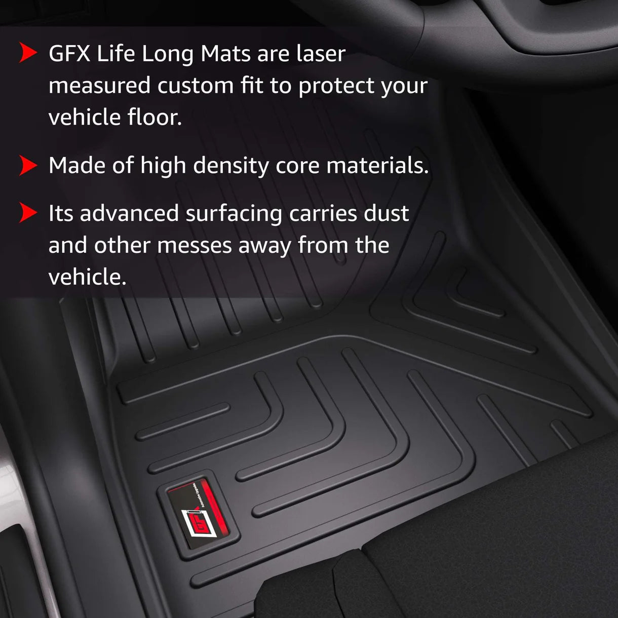 Close-up of the GFX Mahindra XUV700 Onwards Life Long Car Floor Mat (6 Seater) with Trunk Mat in black, showing geometric grooves. Highlights: precision SUV fit, high-density GFX materials, and advanced dust-removing surface.