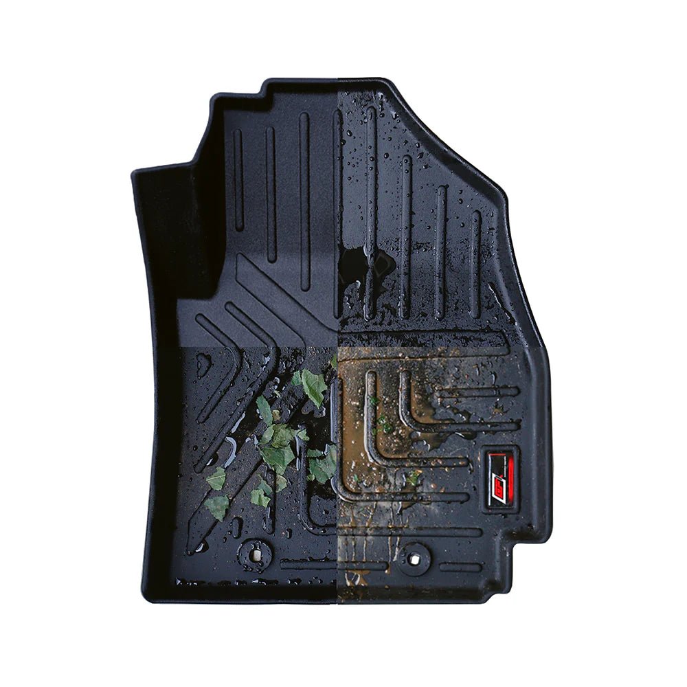 A black GFX Life Long Floor Mat for Mahindra XUV700 (6 Seater) is divided in half—one side clean, the other dirty with leaves, mud, and water—demonstrating the GFX mat’s effectiveness at trapping debris.