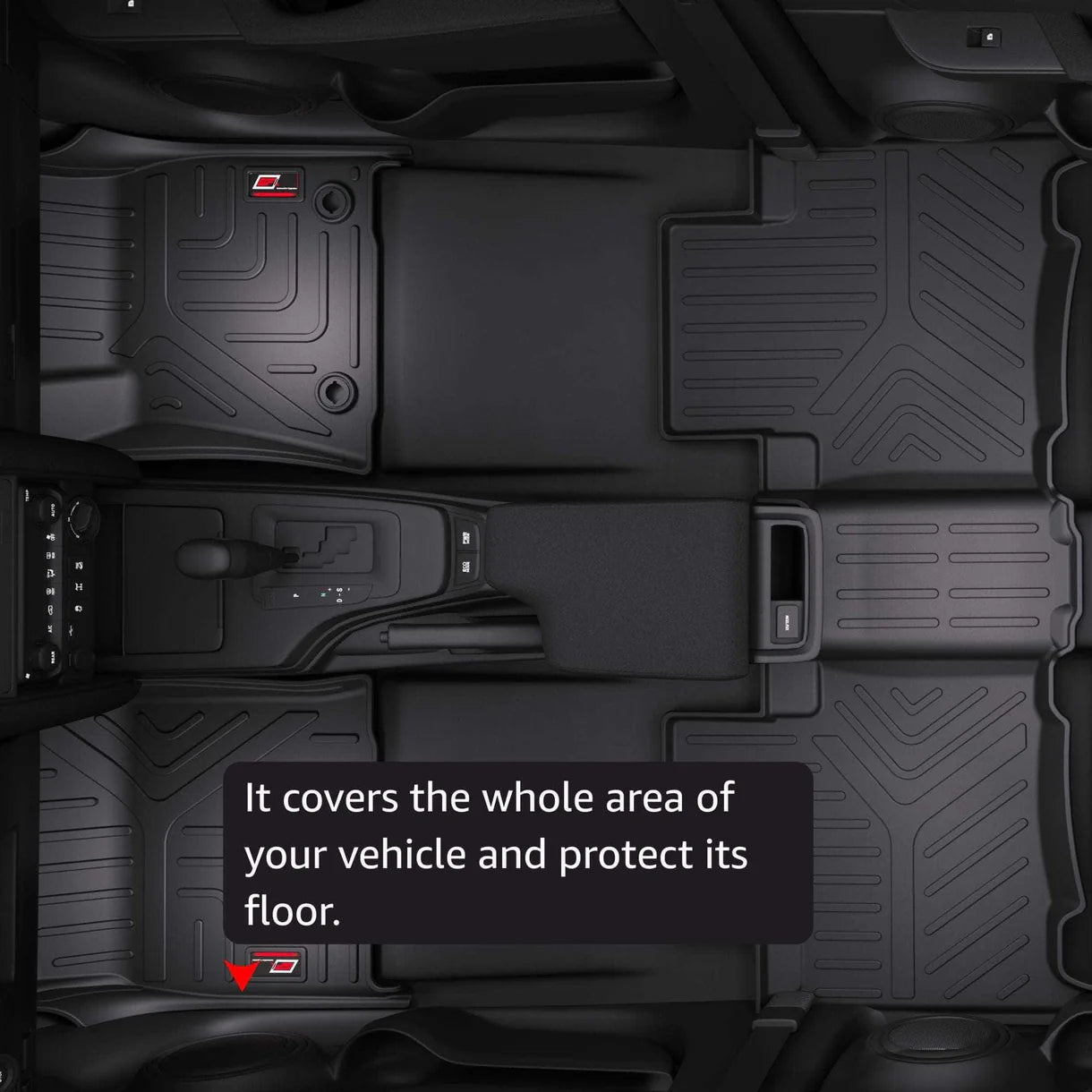 A top-down view of a Mahindra XUV700 (6 Seater) shows GFX Life Long Car Floor Mats and Trunk Mat covering the entire floor. Text reads: “Covers your vehicle completely and protects its floor.”.