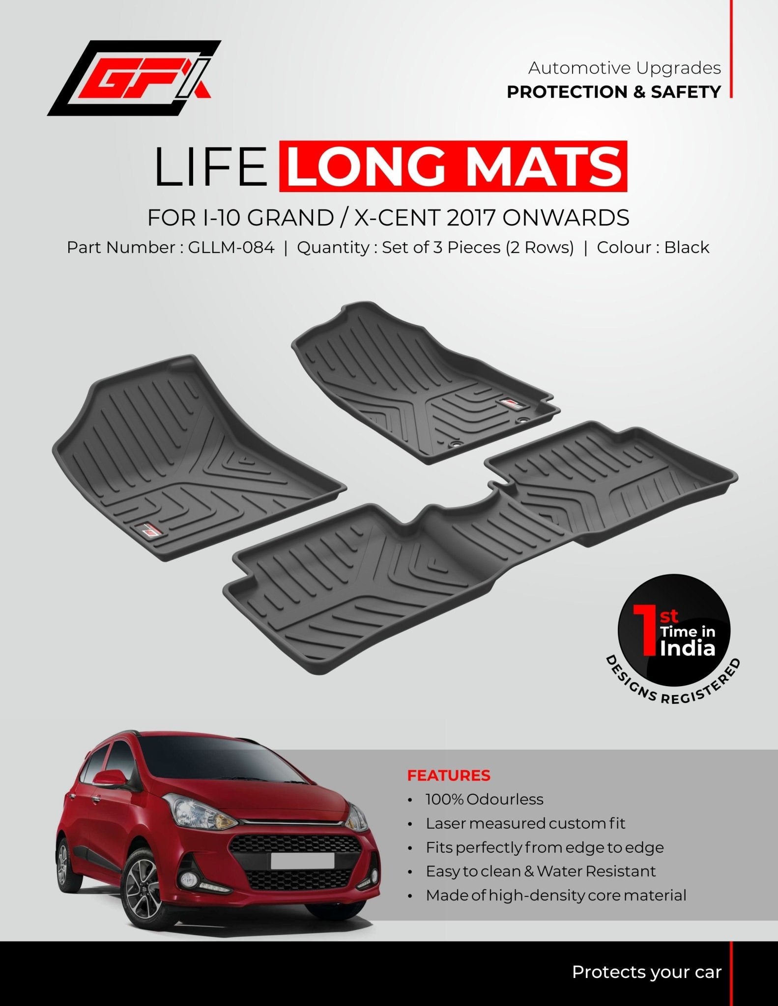 An ad for the GFX Life Long Car Floor Mat for Hyundai Xcent (2017 Onwards), showing black, odourless mats above a red car. Features include perfect fit and water resistance—ideal waterproof floor mats from GFX.
