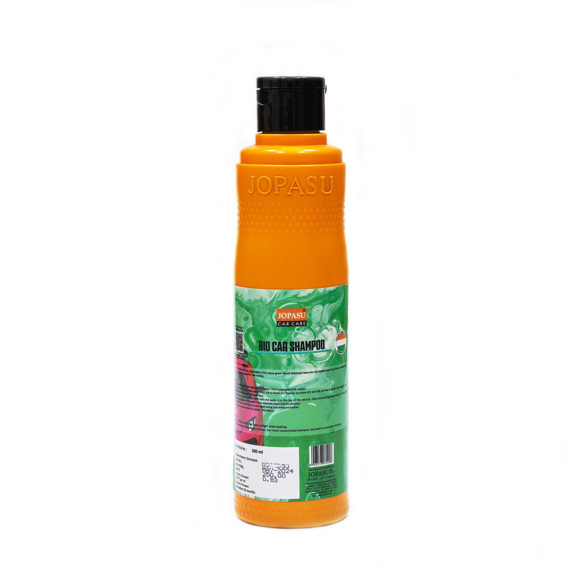 A 300ml orange bottle of Jopasu Bio Car Shampoo with a green and white label, black cap, and embossed Jopasu branding on the neck is set against a plain white background.