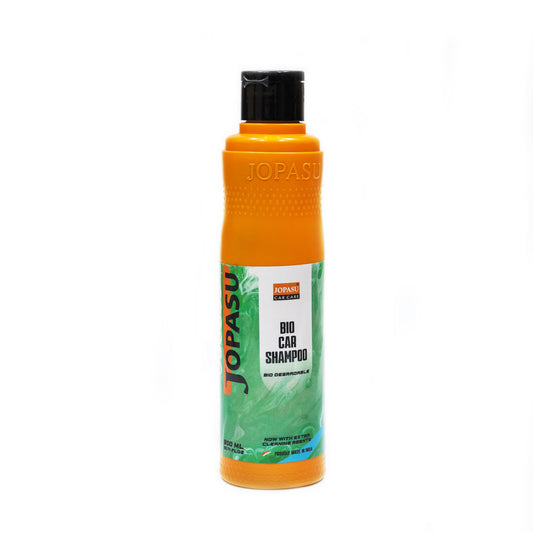 A 300ml orange bottle of Jopasu Bio Car Shampoo stands upright on a white background, featuring a green label with the product name and details, and topped with a black cap.