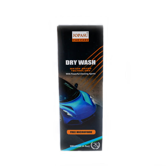 Front view of a Jopasu Drywash Shampoo 300ml box by Jopasu, showing a blue car image, orange and white text, and highlighting free microfibre and eco-friendly waterless cleaning technology.