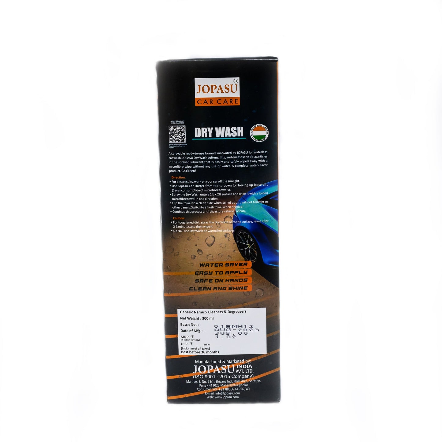 A black rectangular box of Jopasu Drywash Shampoo 300ml features waterless convenience, eco-friendly benefits, product details, a blue car image, and Jopasu company info at the bottom.
