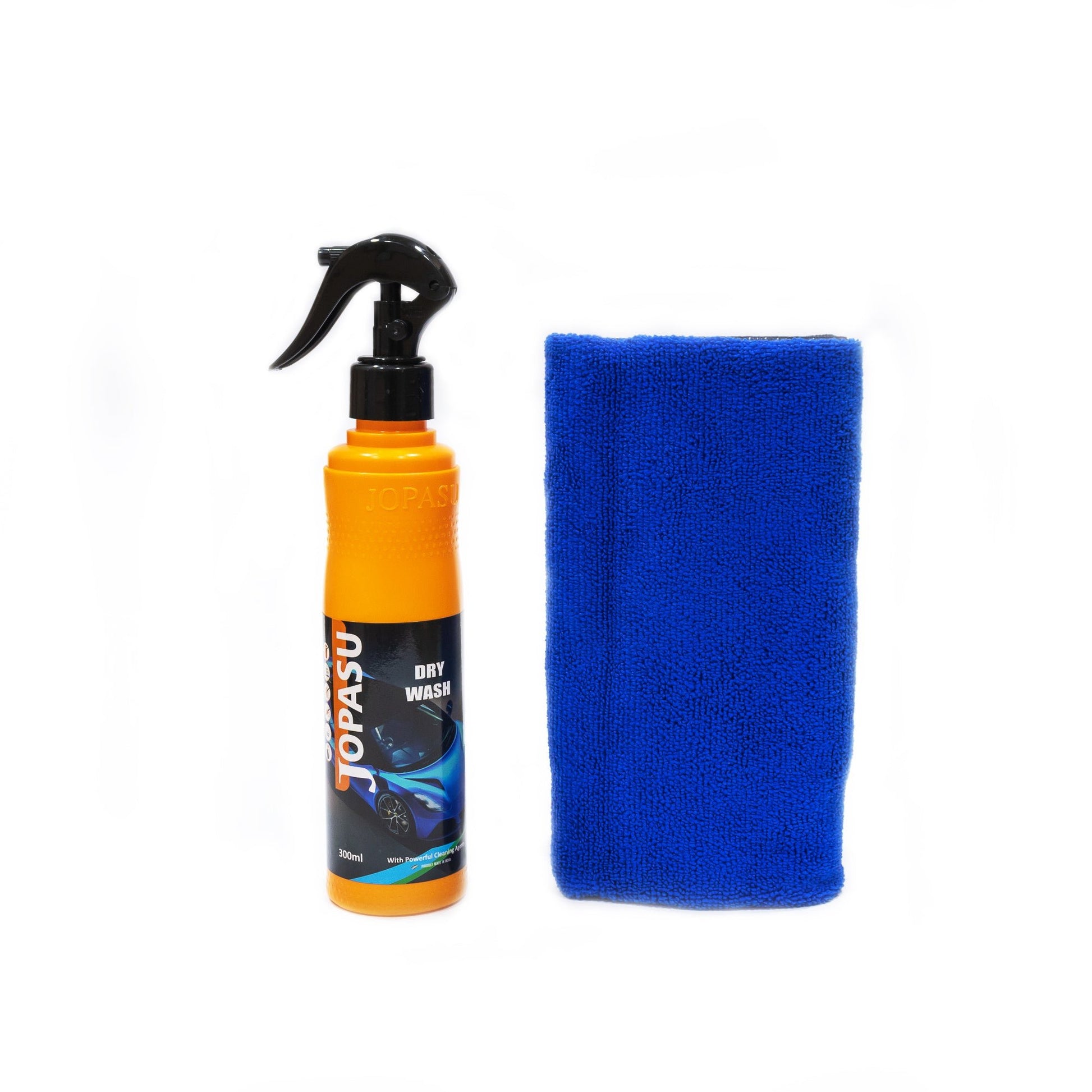 A 300ml orange spray bottle of Jopasu Drywash Shampoo is displayed beside a folded bright blue microfiber cloth, both set against a white background.